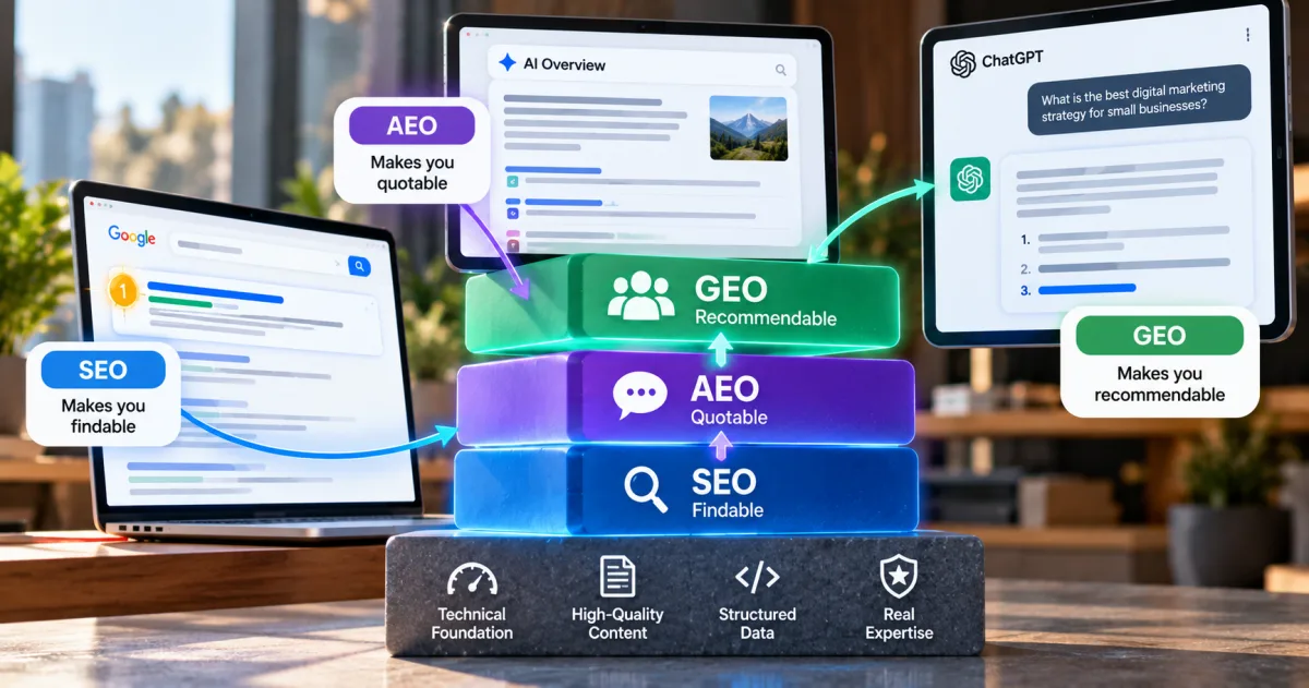 How do seo aeo and geo work together